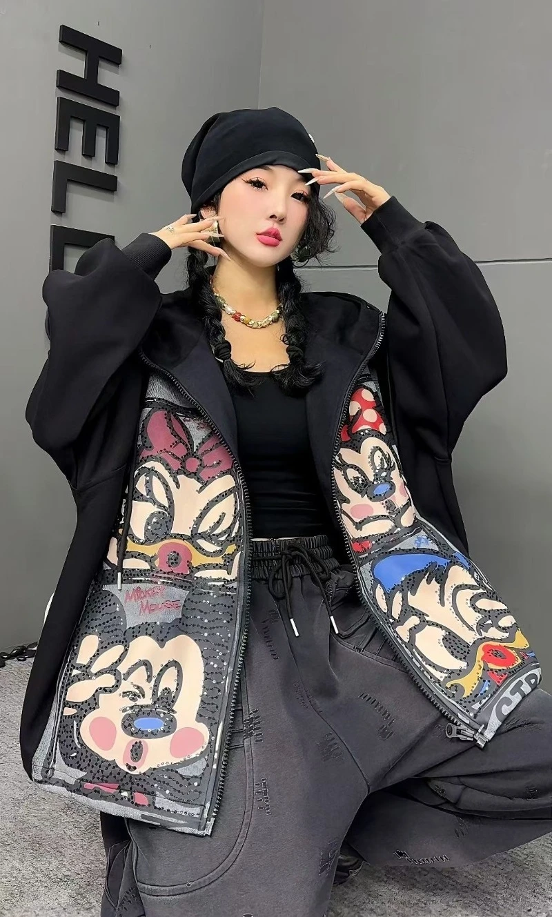 American Casual Retro Cartoon Sequin Zipper Hooded Sweatshirt Loose Fit Long-sleeves Top Casual Jacket Kawaii Clothes Hoodies