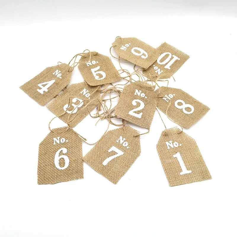 100 Sets Party Number 1-10 Burlap Flags Rustic Jute Table Numbers Vintage Rustic Reception Wedding Decoration