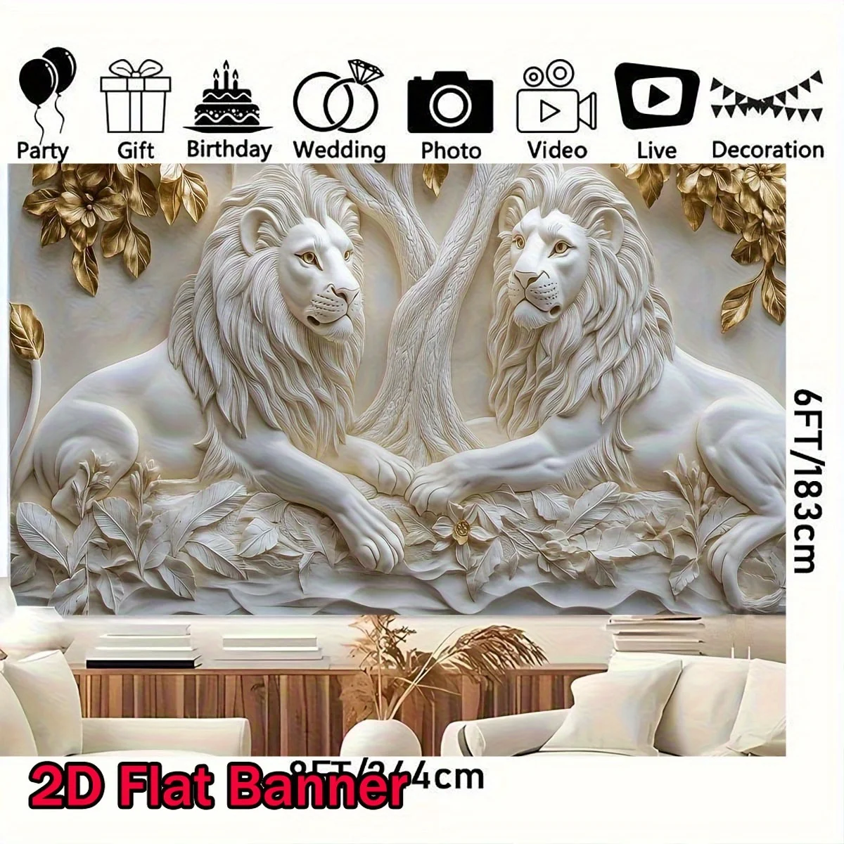 Golden Embossed Lion and Tree Tapestry, White and Gold Nature Themed Wall Art for Living Room and Bedroom Decor, Easy Hang