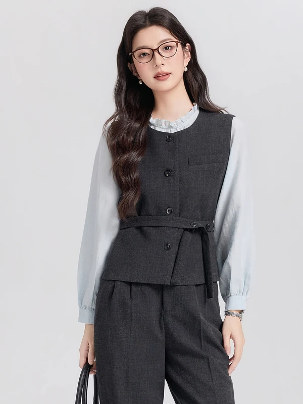 Business Commuter Style Women's Vest Set High Waist Wide Leg Pants Base Shirt Three Piece Suit Polyester Fiber Spandex