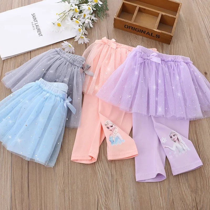 Girls Skirt Shorts For Children Disney Frozen Anna Elsa Princess Skirts Baby Girl Pink Blue Lace Kids Legging Calf-Length 2-8Y