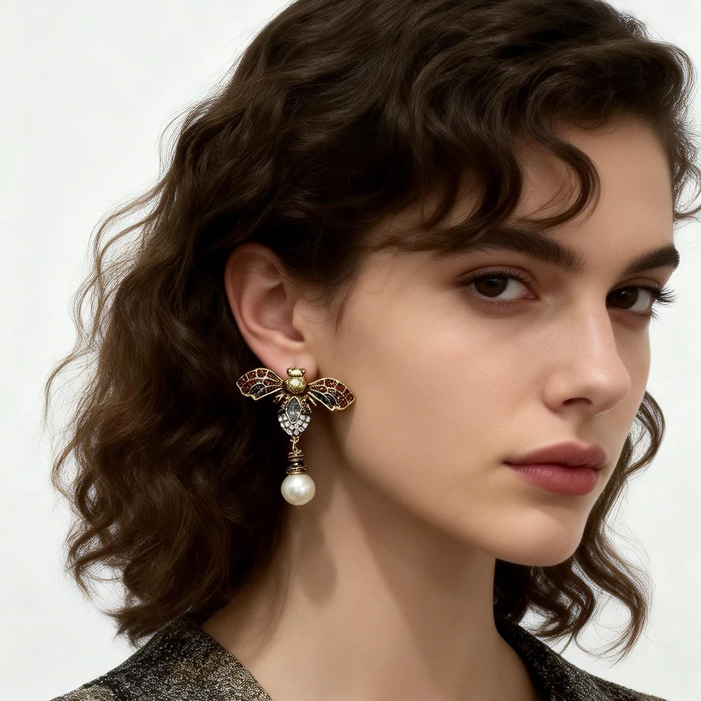 Vintage Luxury Bee Crystal Beads Earrings For Women Simulated Pearl Insect Ethnic Statement Jewelry