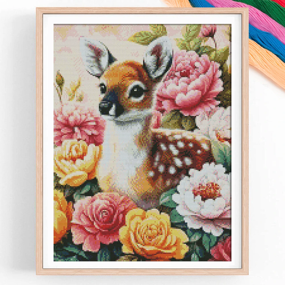 Kit de punto de cruz de rosa de ciervo Sika, lienzo con estampado de flores y animales de 11 quilates, bordado artesanal hecho a mano