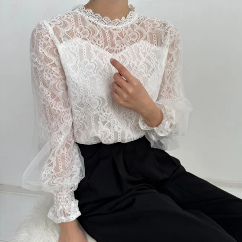 Casual Hook Hollow Flower Mesh Blouse Elegant Lantern Long Sleeve Clothes Fashion Ruffled Stand Collar White Shirt Female Blusas