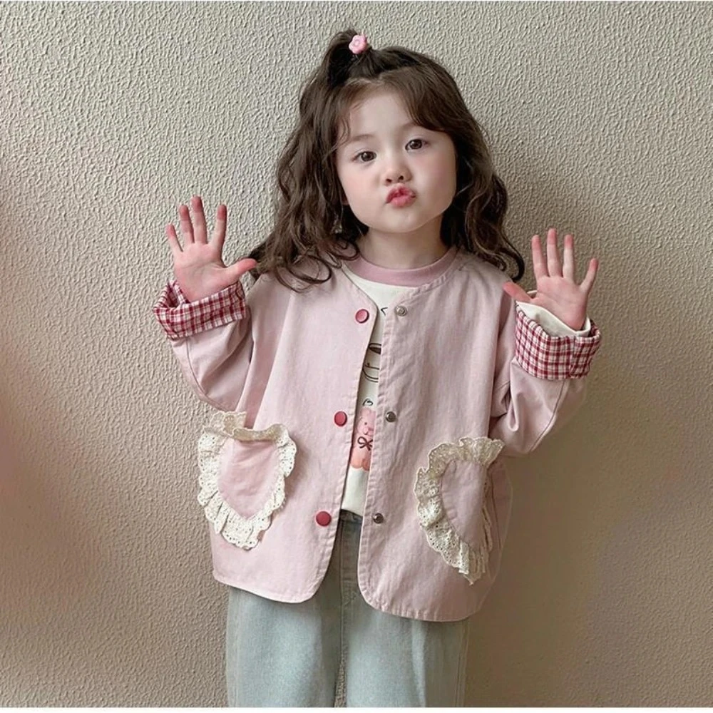 

2-6 Years Old Children's Clothing Pink Sweet Lovely Autumn Baby Girl Cardigan Lace and Heart-shaped Long Sleeved Jacket Spring