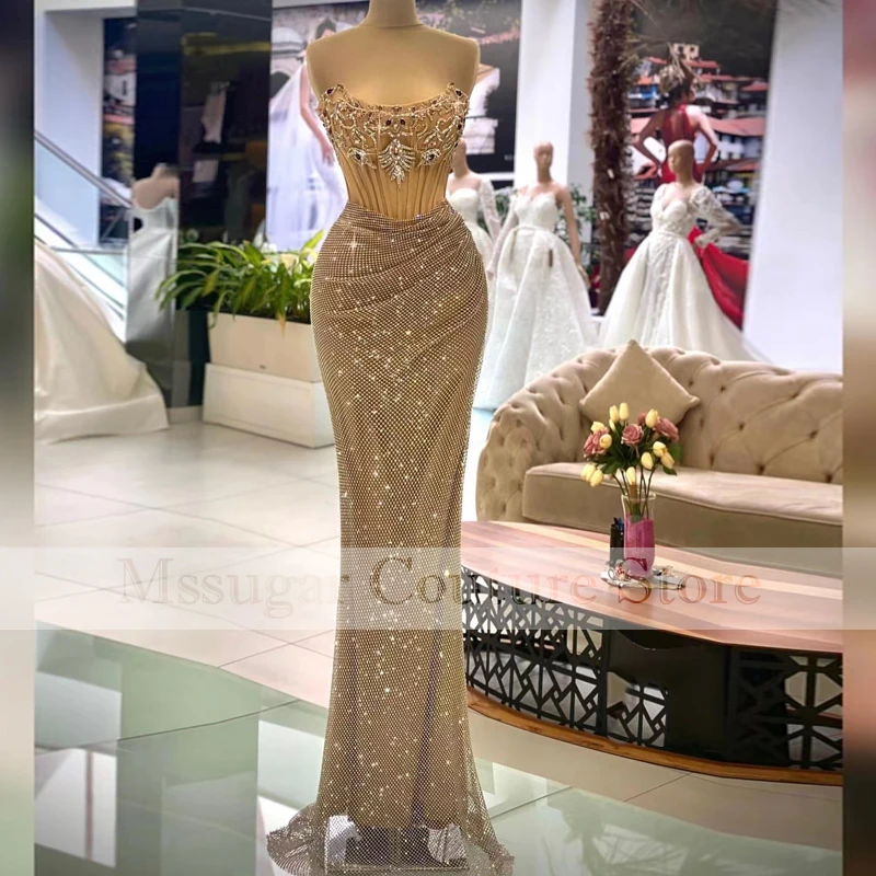 

2022 Sparkly Mermaid Prom Dresses Sleeveless Strapless Corset Beading Evening Gown Customize Robe De Soirée