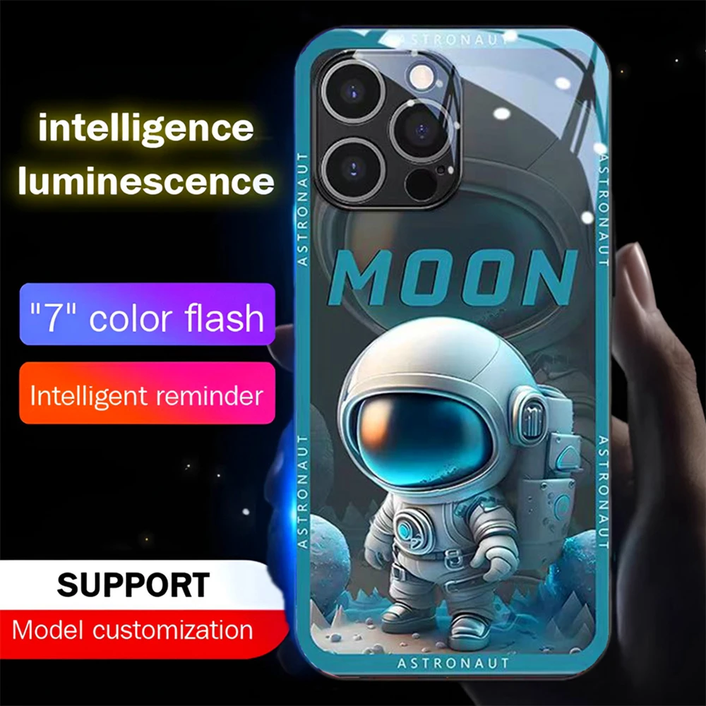 

2025 Cool Spaceman Design Led Light Phone Case Call Flash Glitter Cover For iPhone 16 E 15 14 13 12 11 Pro Max X XR XS Plus SE