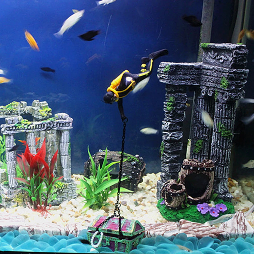 Aquarium Decoration Accessories Fish Tank Ornament Treasure Hunter Diver Action Figure Treasure Chest Fish Tank Decorations