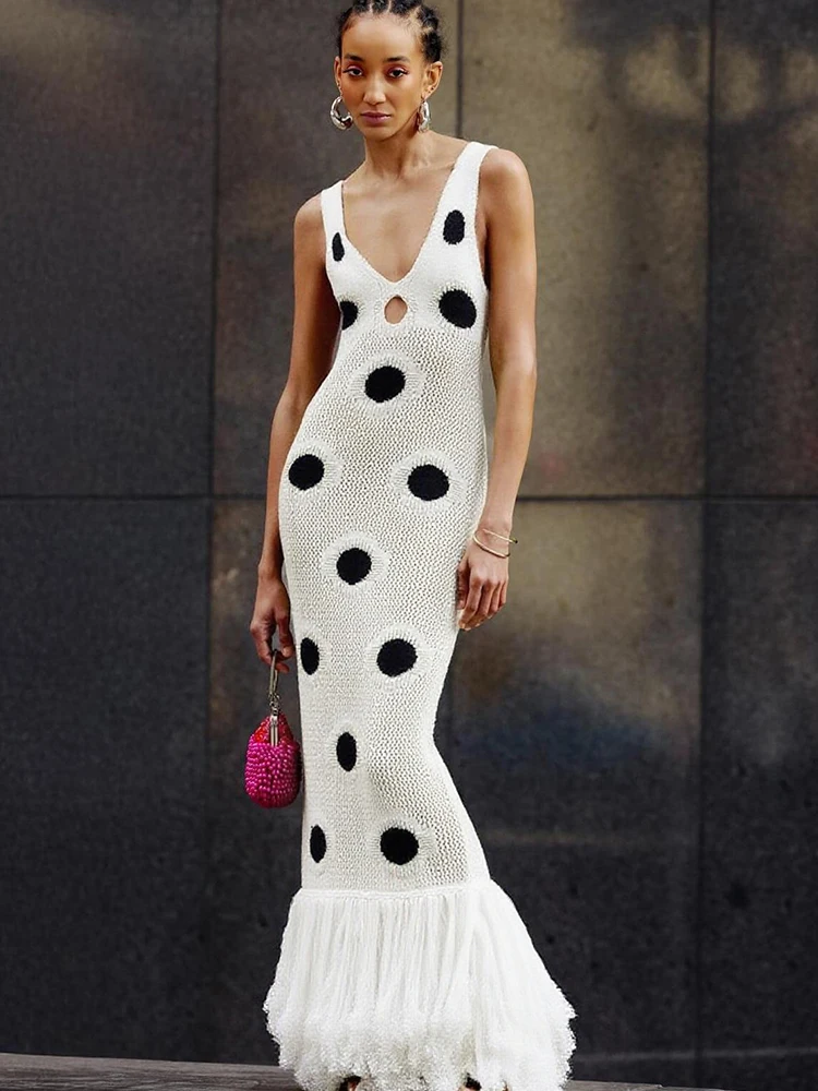 kliou Chic Dot Print Women Maxi Dress High Street Stunning Tassel Stacked Sleeveless Cleavage Cut Out Robe Mujer Festival Frock