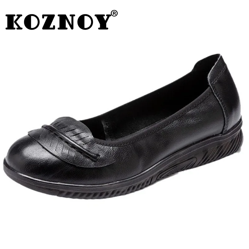 

Koznoy 3cm New Genuine Leather Woman Elegance Luxury Flats Ladies Shallow Moccasin Comfy Soft Soled Summer Ethnic Retro Shoes