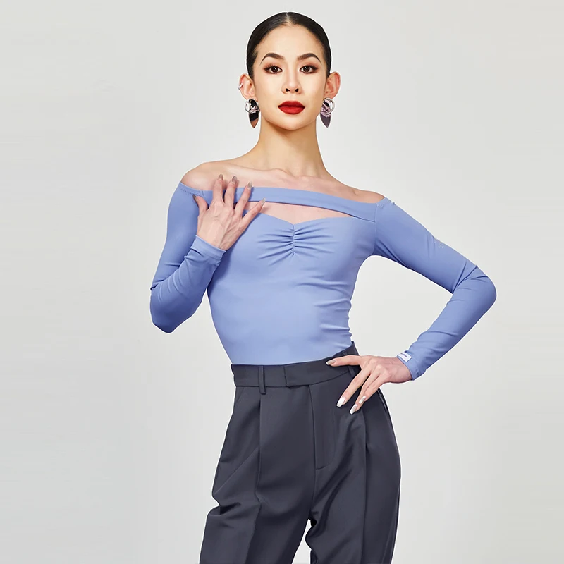 

Blue Off-Shoulder Latin Dance Clothes Long Sleeve Bodysuit Adult Women ChaCha Salsa Tango Practice Wear Waltz Dancewear DL11602