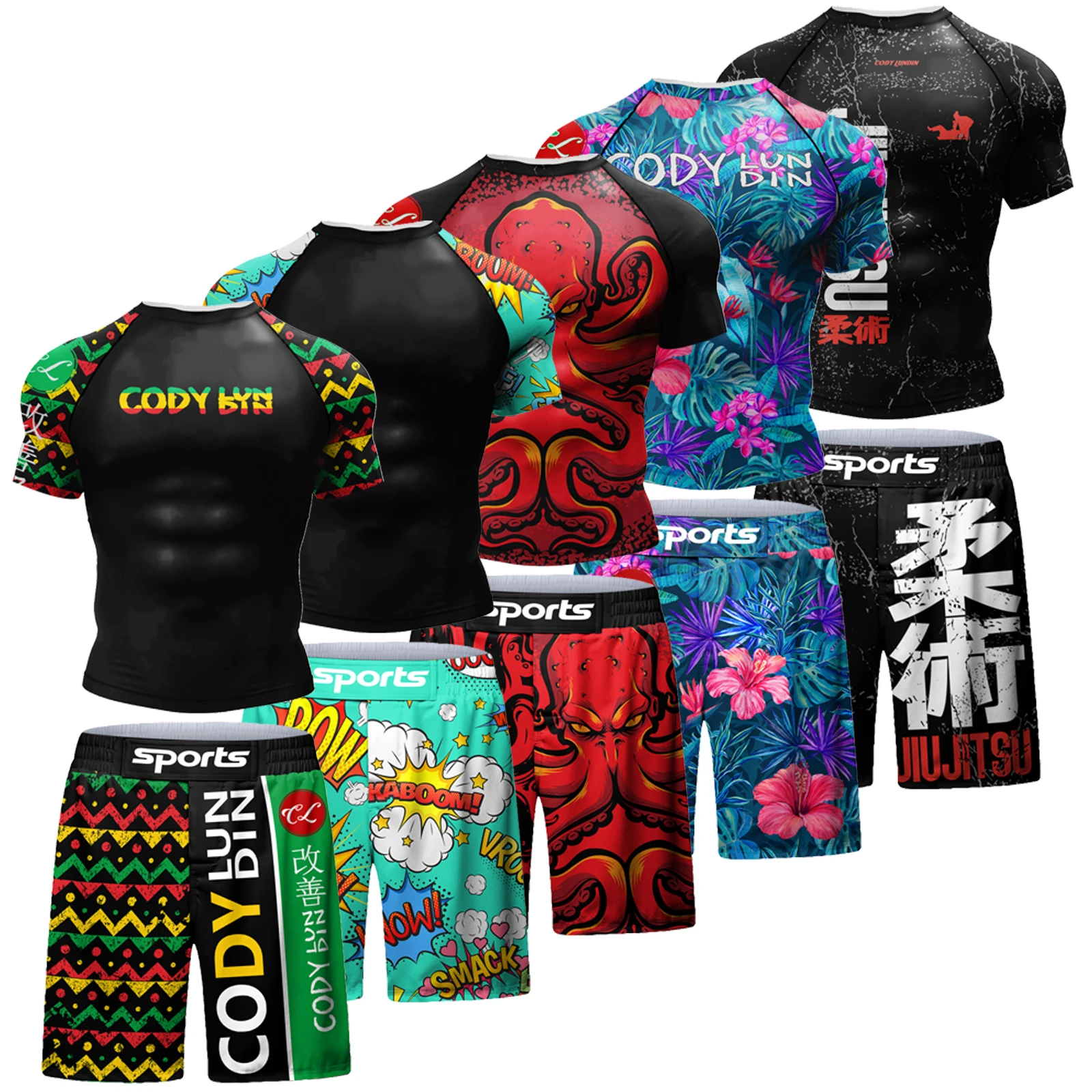 Dropshipping Men Women Children Boxing Shorts Bjj Kickboxing Muay Thai Pants + Fitness Rash Guard Tops Two Piece Nogi MMA Suits