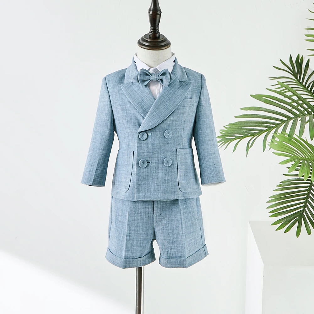 Boys Suit For Weddings Birthday Little Boy Gentleman Outfit  Formal Suits Children Blue Coat Strap Shorts Bow Tie Clothes Set