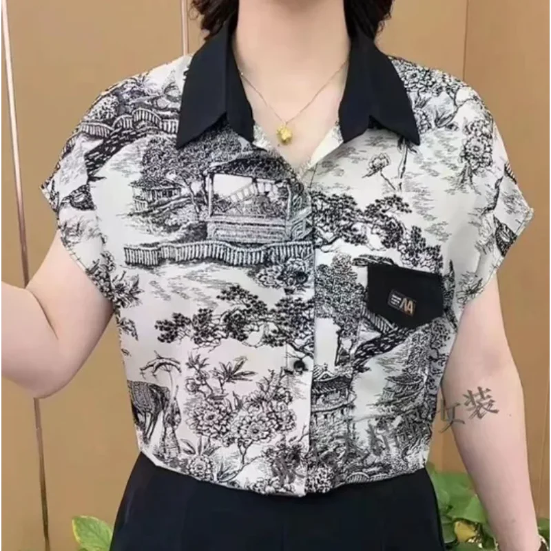 2024 Summer Style Printed Zebra Pattern Women\'s Polo Neck Pocket Fashion Short Sleeve Loose Single Row Multi Button Shirt Tops