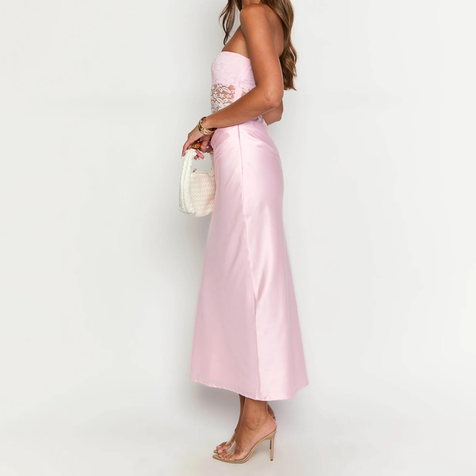 Combhasaki ผู้หญิง Elegant Floral Lace Sheer Silky Patchwork Strapless Off ไหล่แขนกุด Backless A-Line ชุดหลอดยาว