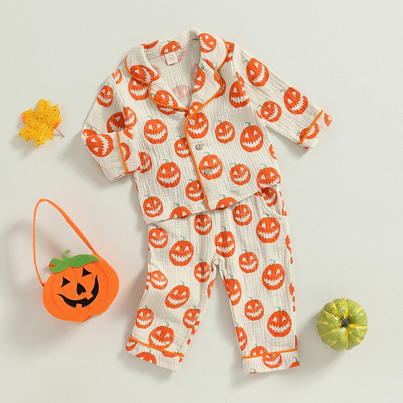 2023-07-08 Lioraitiin 0-4Years Toddler Baby Boy Girl Halloween Sleepwear Outfits Pumpkin Print Front Button Long Sleeve Top Pant