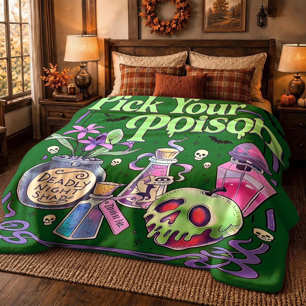 [2D FLAT PRINTING] 1pc Magic Poison Bottle Poison Apple Halloween Themed Flannel Blanket - Large Size, Soft, Lightweight, and Wa