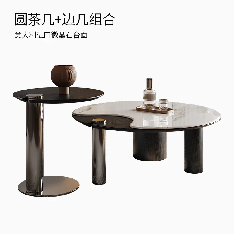 r8.12-microcrystalline stone coffee table combination Italian minimalist round medieval stainless steel