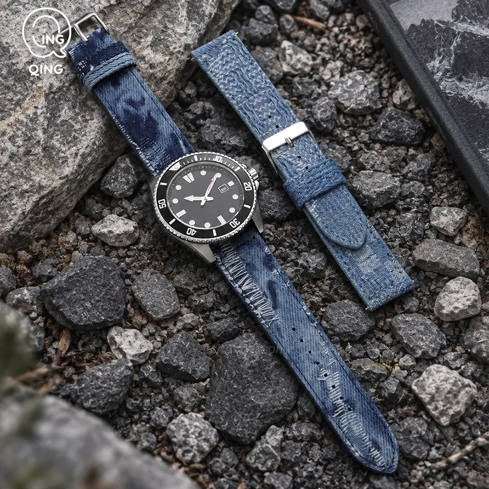 18mm 20mm 22mm Vintage Distressed Denim Straps Universal Watch Band for Seiko for Omega for Huawei Washed Denim Frayed Bracelets