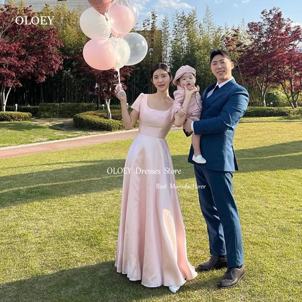 OLOEY Simple A Line Baby Pink Evening Dresses Wedding Party Customised Short Sleeves Square Neck Floor Length Occasion Formal