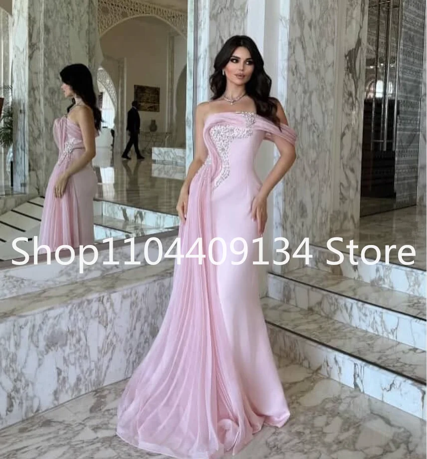 Roze Zeemeermin Lange Formele Galajurken Luxe One-shoulder Ruches Kristal Midden-Oosten Avondfeest Jurk Jersey Bespoke Customsiz
