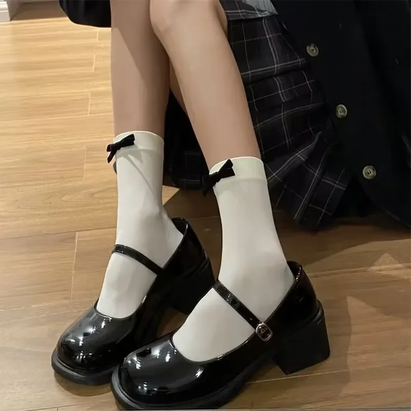 Women Black Bow Velvet Knee High Socks Beige Japanese Kawaii JK Ballet Style Thin Skin-Friendly Soft Reversible Slouch Calf Sock