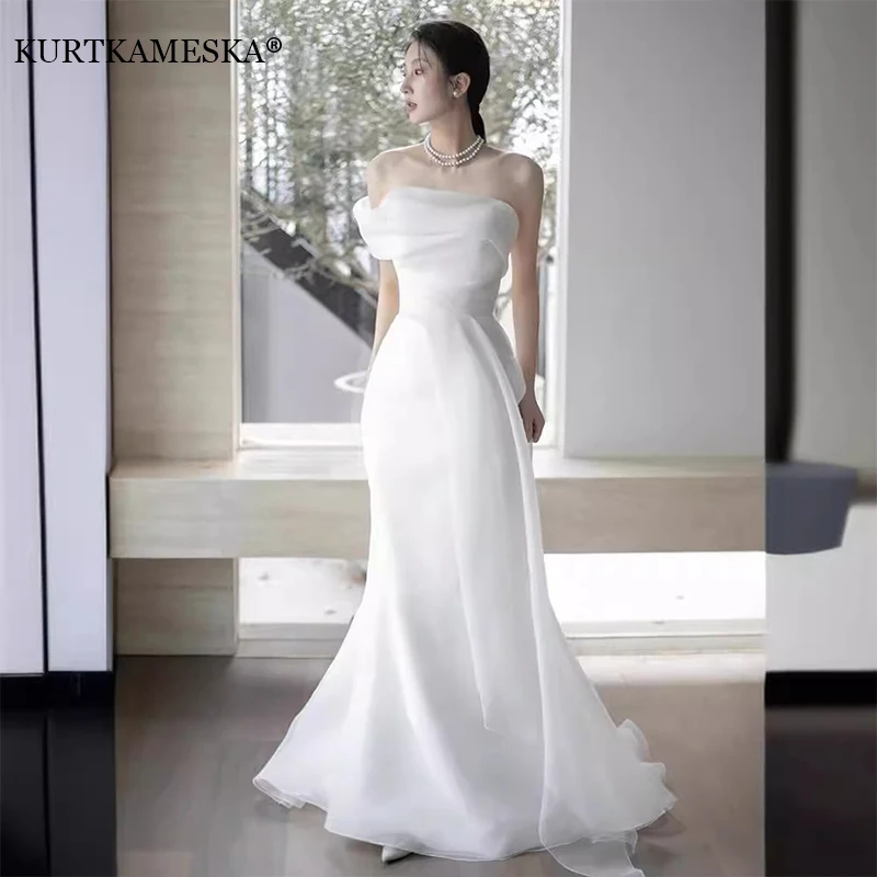 French Off-Shoulder Light Wedding Dress Simple White Korea Wedding Dresses Photo shoot  Floor-Length Bridal Gowns Formal Dress