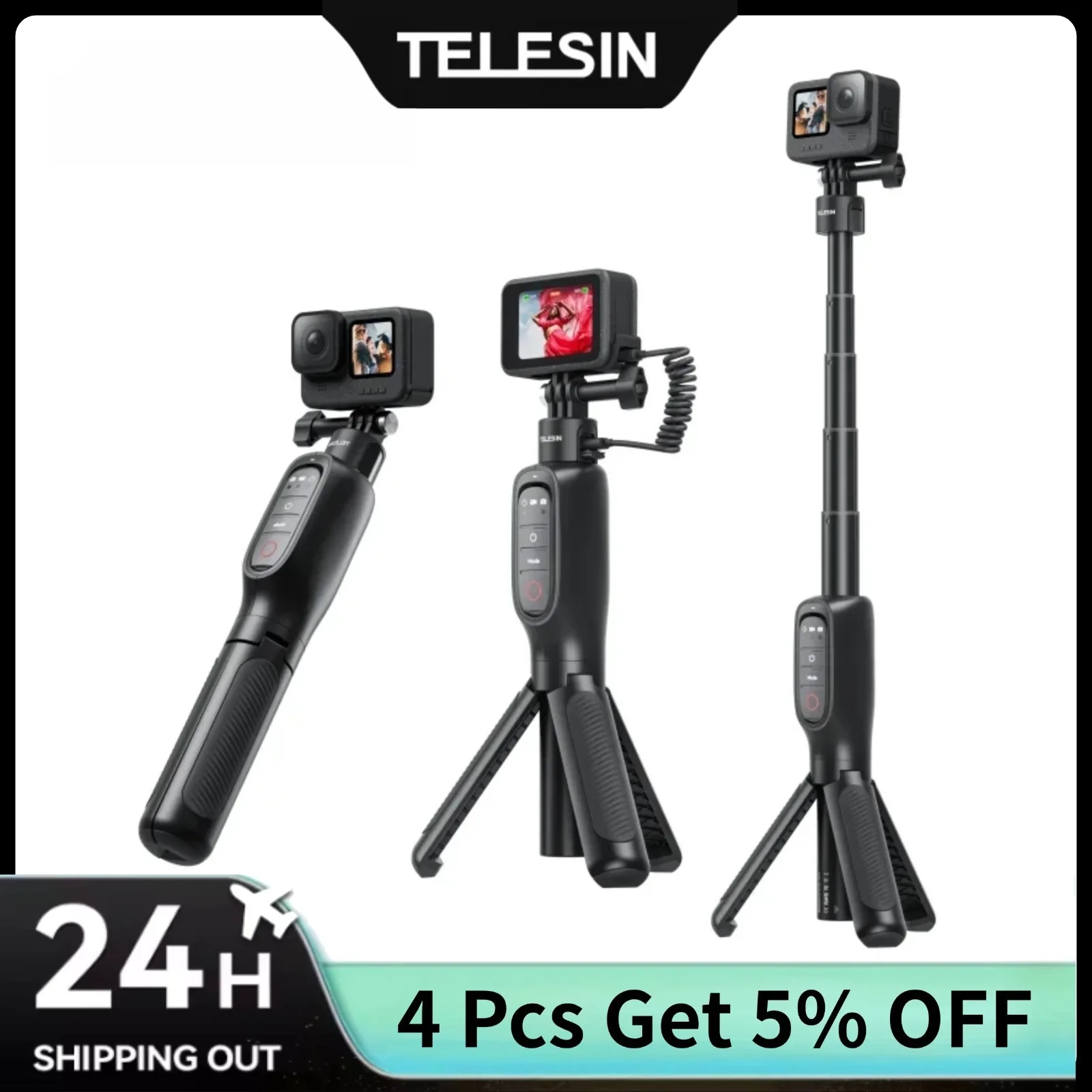 

Перезаряжаемая селфи-палка TELESIN short, трипод с дистанционным управлением для Gopro Hero 13/12/11/10/9, аккумуляторный монопод большой емкости