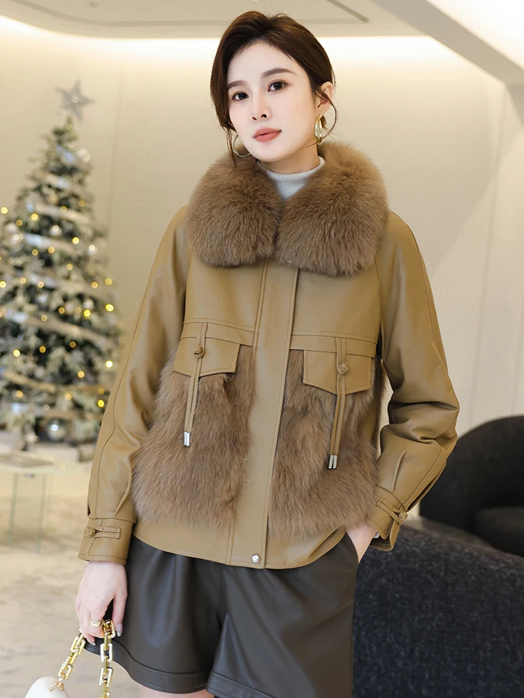 Women's Winter Down Jacket 2024 New PU Leather Fox Hair Lmitation Mid Length Jacket Thickened Women Coat Fur Women Loose Coar