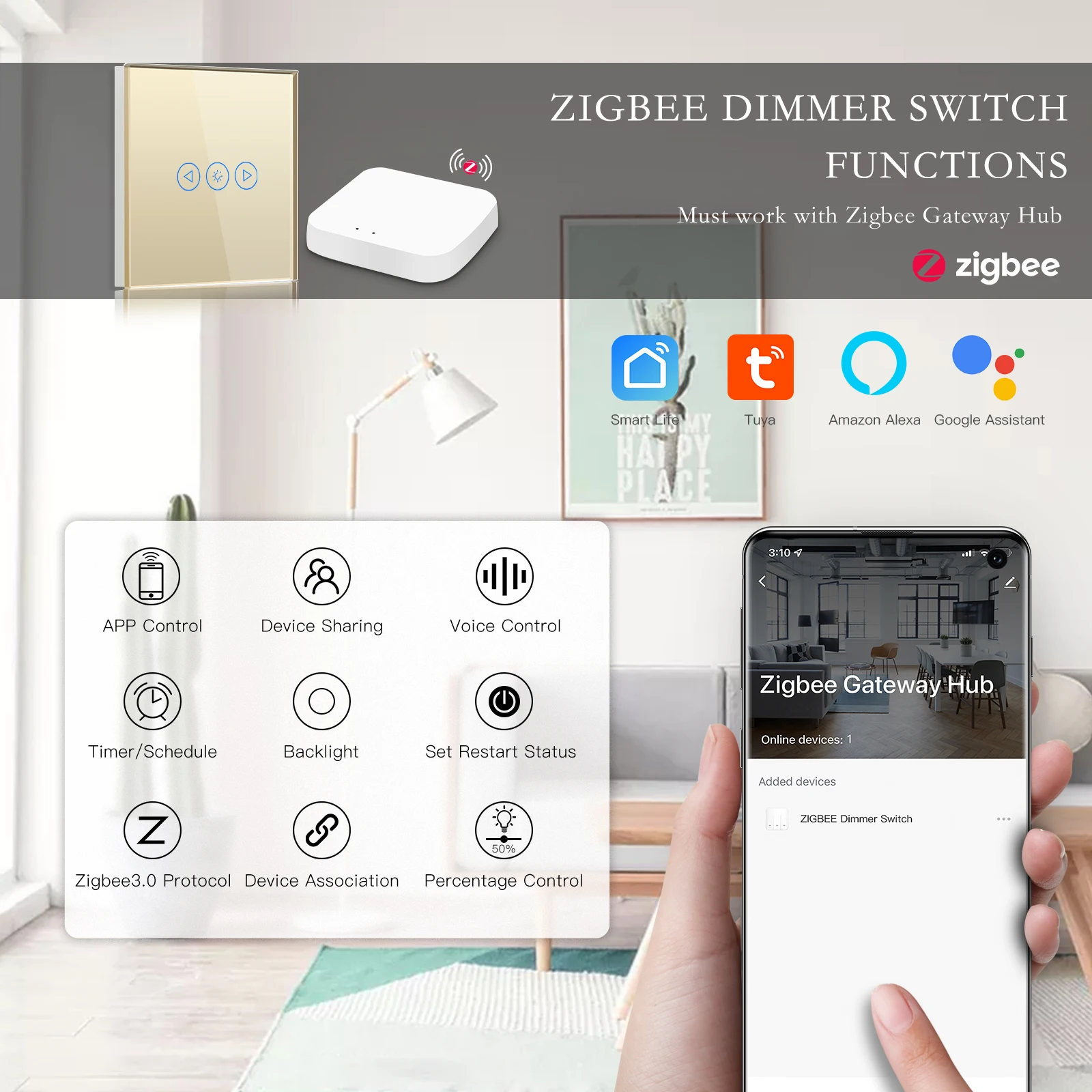 BSEED Zigbee 1Gang Dimmer Switch 1Way Smart LED Touch Switch Tuya Smart Life Google Alexa App Control Glass Panel