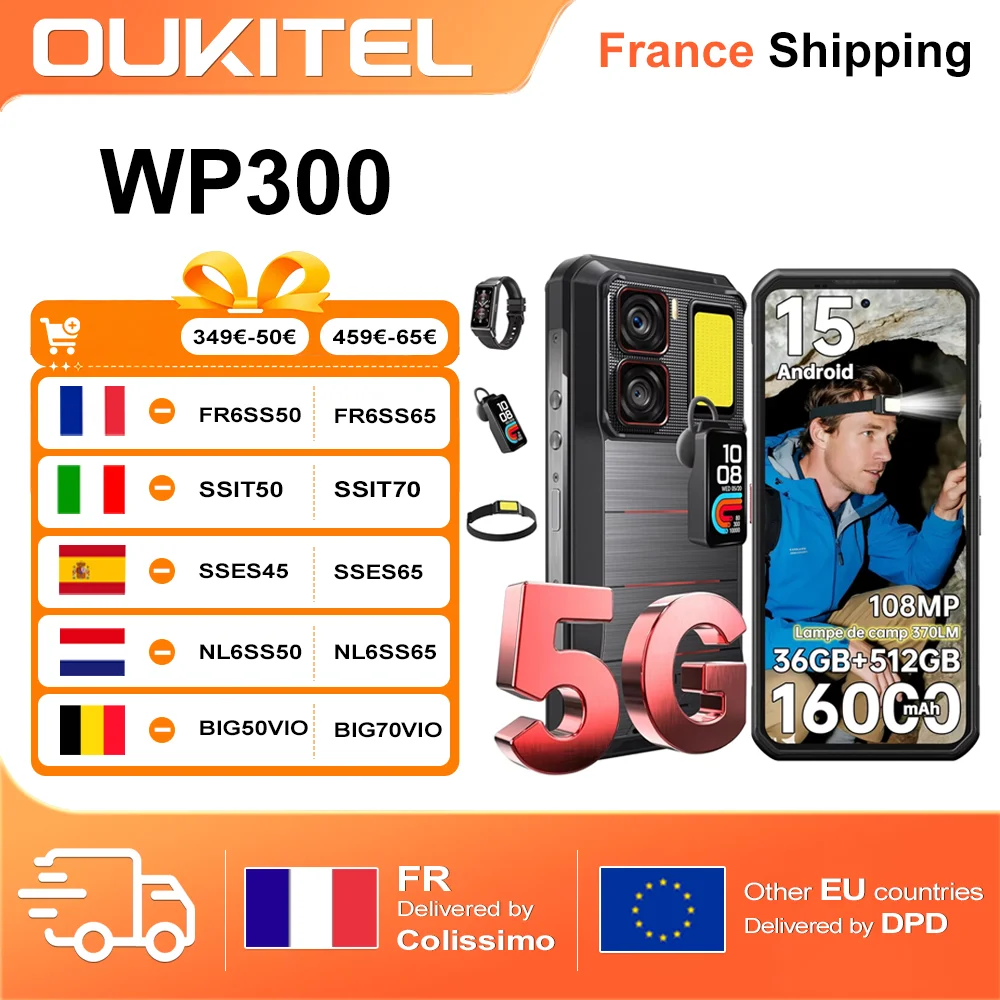 Smartphone OUKITEL WP300 5G 36(12+24)GB+512GB Android 15, écran 6,8" FHD+ 120Hz, 108MP, 16000mAh, 45W, lampe de camping