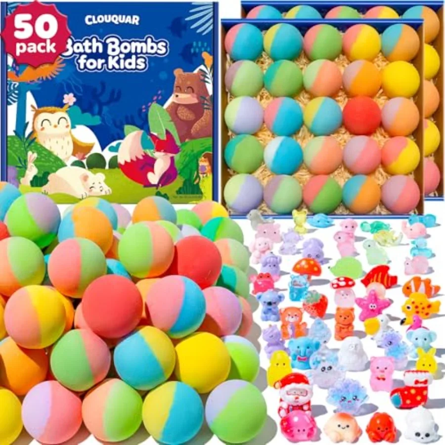 

50 Pack Bath Bombs for with Surprise Inside, Some Glow-in-The-Dark Toys, Natural Kid-Safe Handmade Fizzy Bath Balls, Fun Gift S
