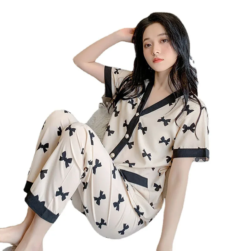 Spring/Summer Pajamas Women\'s Short Sleeved Long Pants V Wall Cotton Thin Sweet Summer Women\'s Large Loose Home Fury