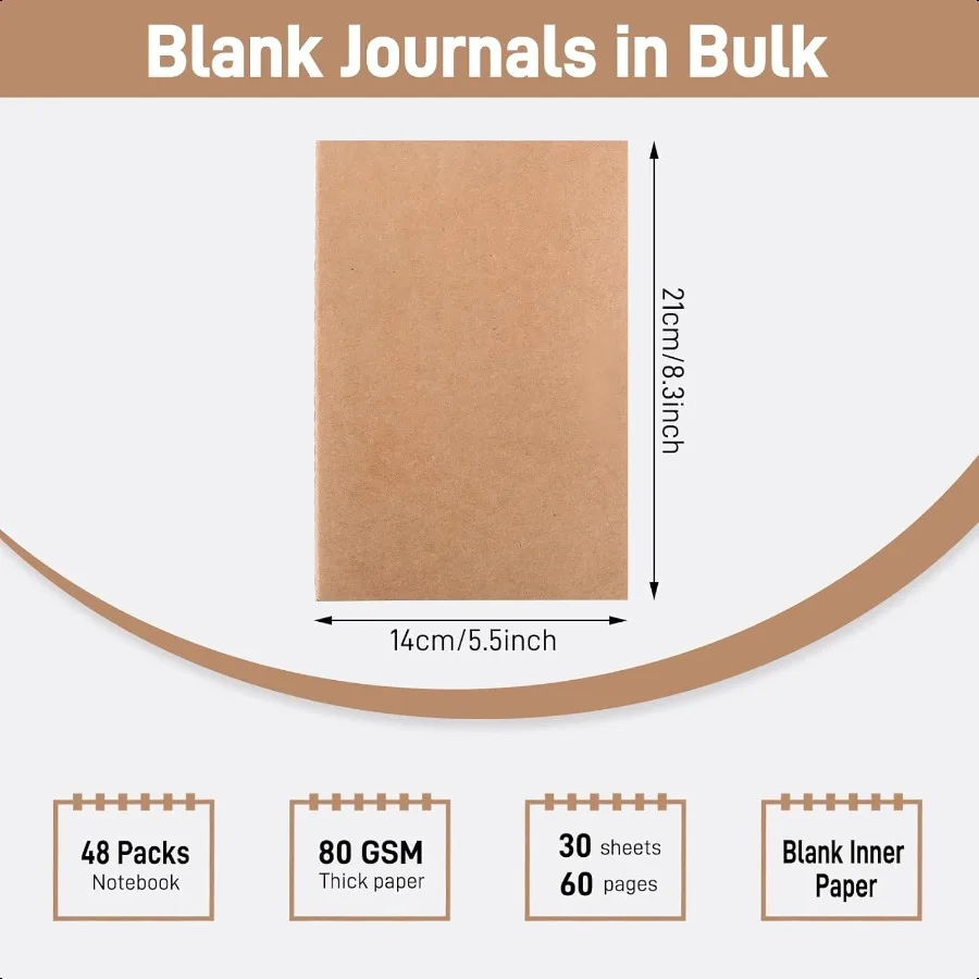 48 cuadernos Kraft en blanco, diarios a granel para 60 páginas, 80GSM, 8,3X5,5 pulgadas, juego de diarios de viaje para viajeros, estudiantes y oficinas