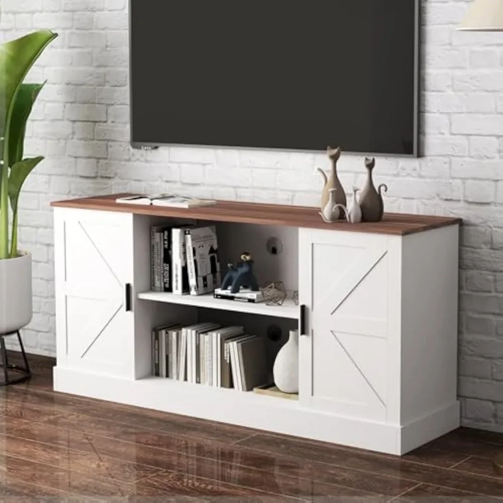 Farmhouse TV Stand for Televisions up to 65”, Wood Entertainment Center with Storage Cabinets and Adjustable Shelves, Media TV