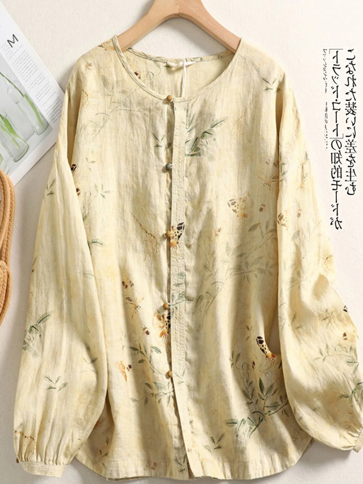 Retro Floral Print Cotton Linen irt Large Size Women's Faion round Ne Button up Long Sve Linen Casual Open Cardigan Top