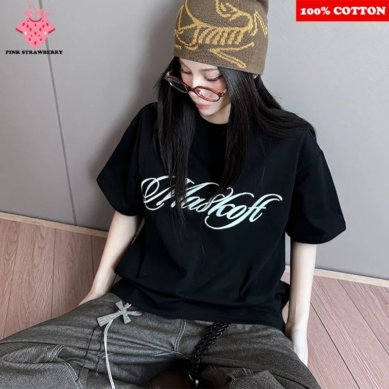 

American Style Personalized Letter Print T-shirt Women's Summer 2025 New 100% Cotton Short sleeve Street T-shirt Y2k Tops dames