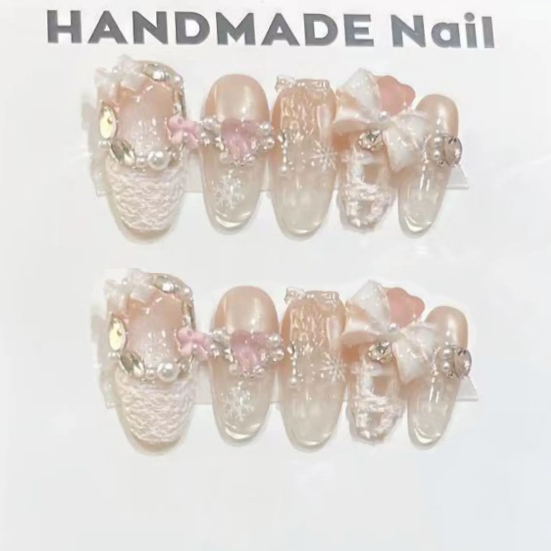 

10pcs Diamond Bow Fake Nails Tips Handmade Glitter Sweet Cat's Eye False Nail Art Finished Acrylic Press on Nails Manicure Sets