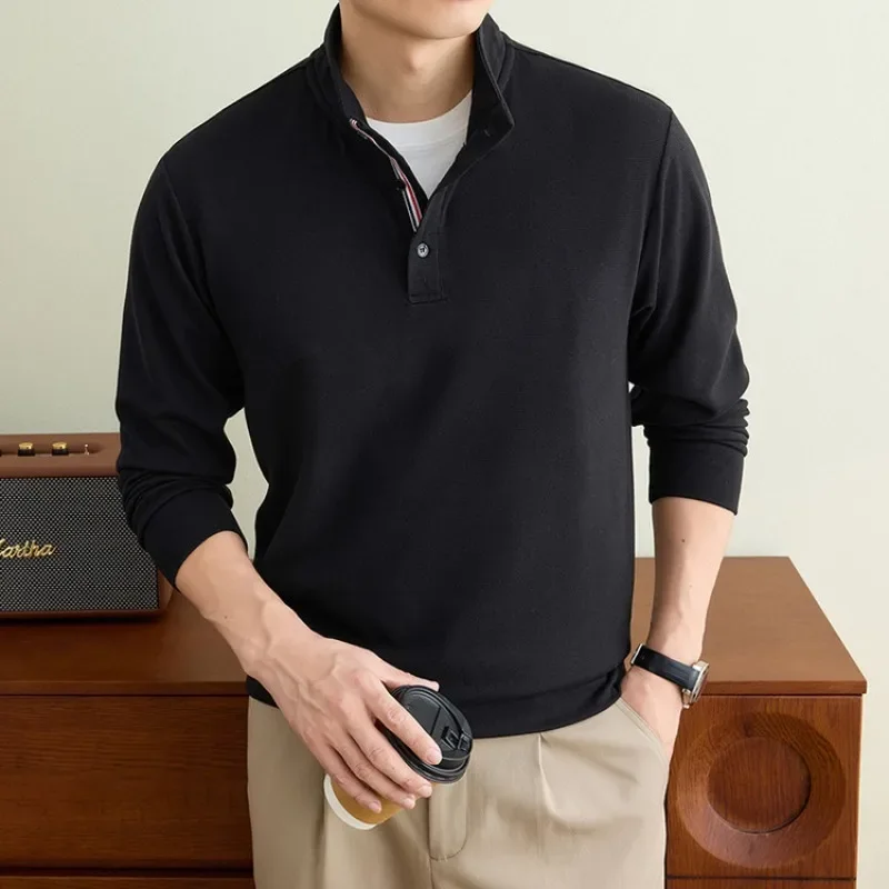Men's Casual Stand Collar Sweatshirt Color-blocked Ribbon Design Fleece Lined Warm Pullover Top Long Sleeve T-Shirt