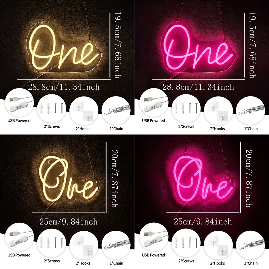 علامة نيون LED واحدة، أيقونة عيد ميلاد بعمر سنة واحدة، تستخدم لأعياد الميلاد والحفلات والذكرى السنوية والمنزل وديكور الزفاف وهدايا عيد الميلاد.