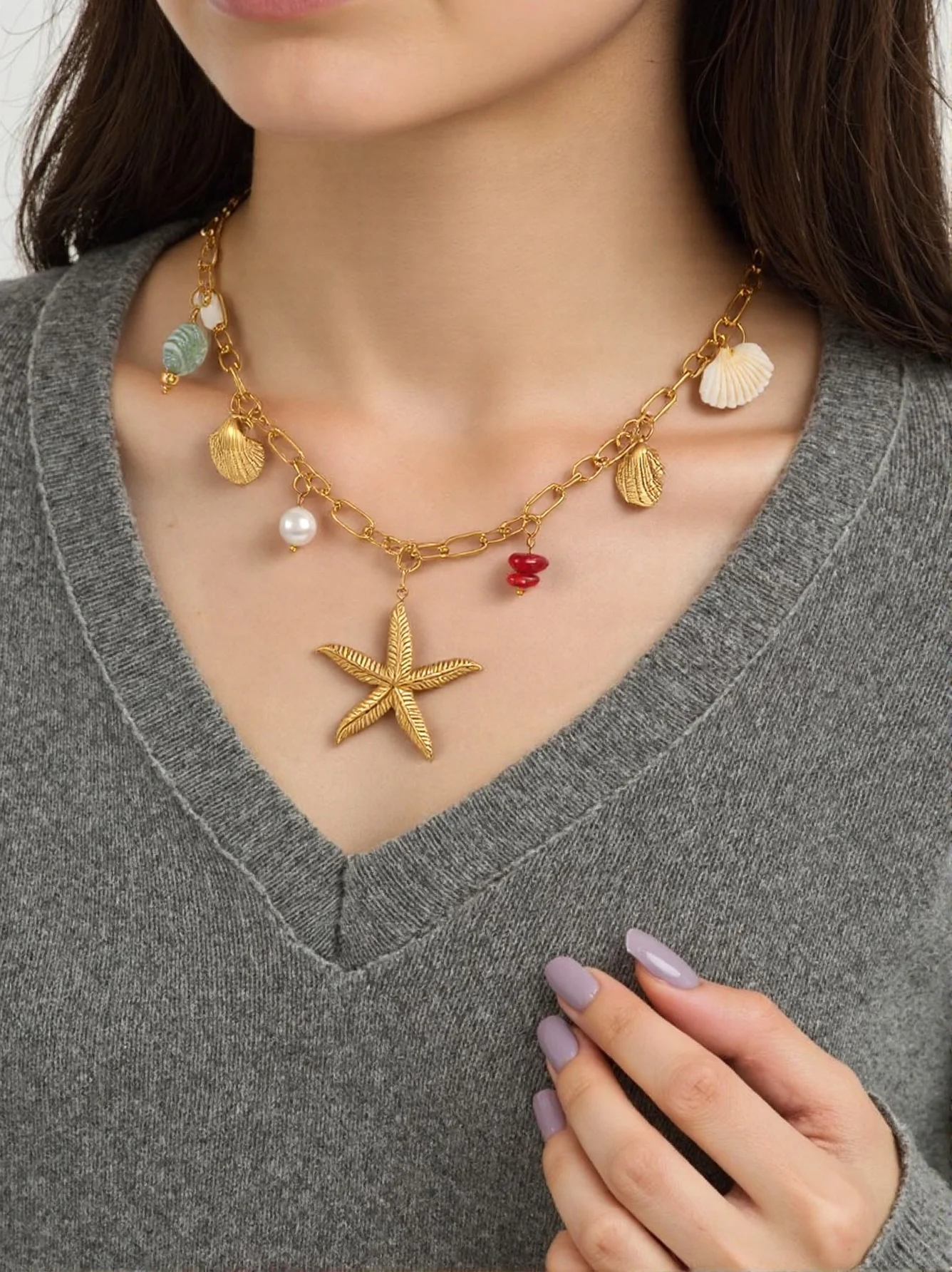 

Trend Creative Stainless Steel Cute Fashion Starfish Shell Collection Necklace 18k Gold Plated Waterproof Beach Vacation Necklac
