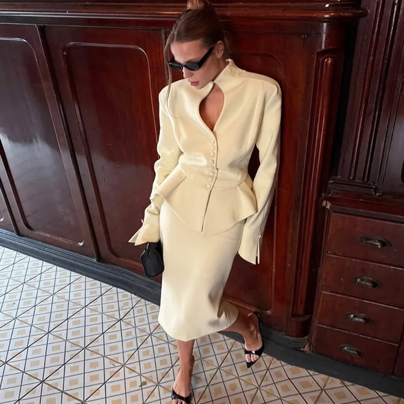 

Tuularose Elegant Skirt 2-Piece Set New Stand-up Collar Ruffled Blazer Slim Skirt Set Luxurious Party Look Women Dress Sets 2025