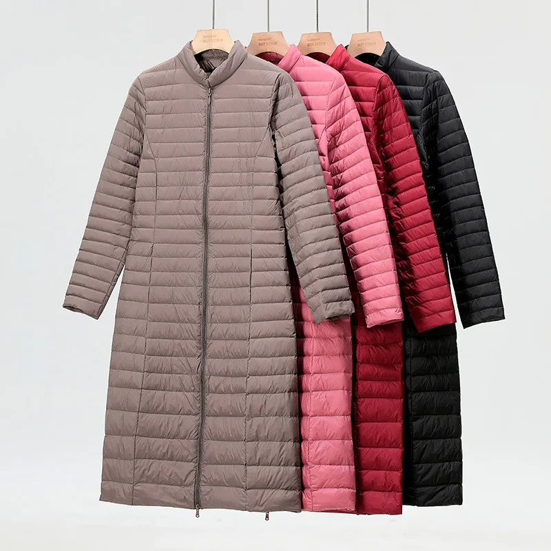 Autumn and Winter New Light and Thin Down Jacket Women's Extended Stand-up Collar Over The Knee Slim and Thin Jacket