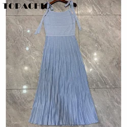 7.1 TOPACHIC Women Fashion Sexy Bowknot Suspender Knitted Dress Elegant Slash -Seck High Waist Pleated Midi Dress