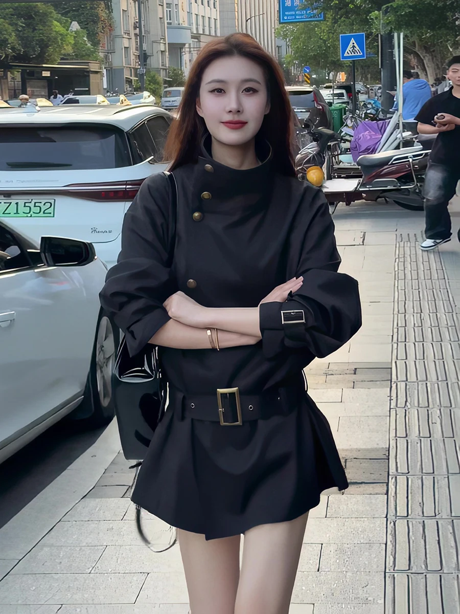 Slim Fit Black British Style Stand Collar Windbreaker Coat Women's Fashion Design Spring Summer New Arrival Commute Korean Ve...