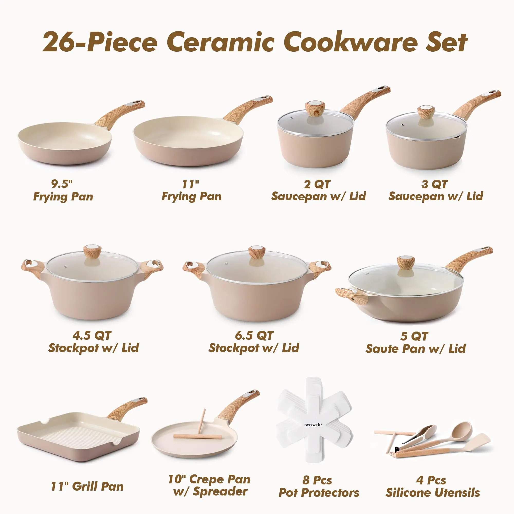 Ceramic Cookware Set 26 Piece Non Stick Non Toxic Pots and Pans Induction Ready Silicone Handle Oven Dishwasher Safe