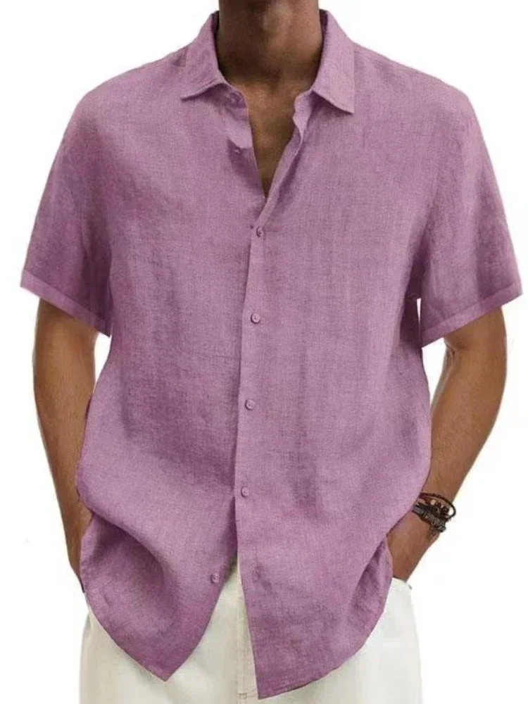 New 2023 Summer Men's Short Sleeve Shirt Solid Color Cotton Short Sleeve Plus Size Men's Clothing Loose Lapel Shirts & Blouses