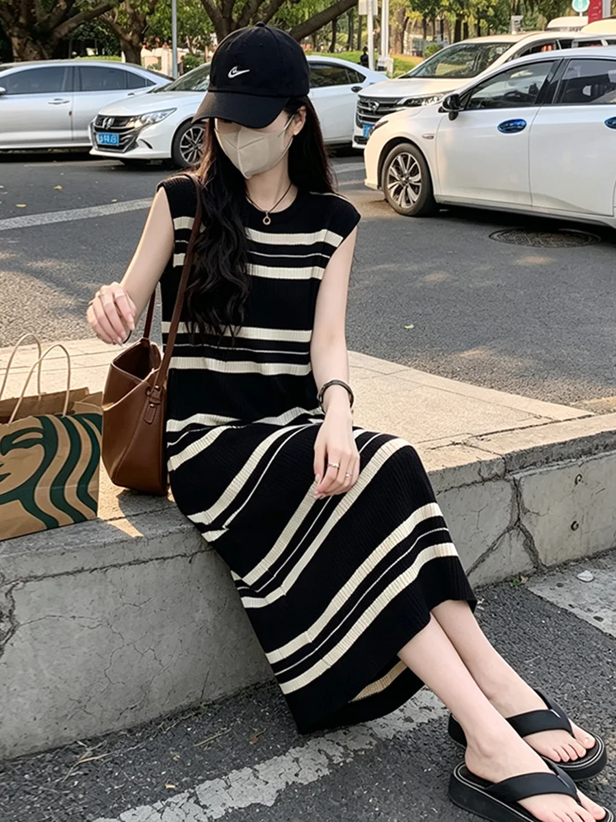 Summer Ice Silk Knitted Stripe Dress Women's Midi Vest Dress Elegant Straight Loose Long Dress French Style Color Block Loose...
