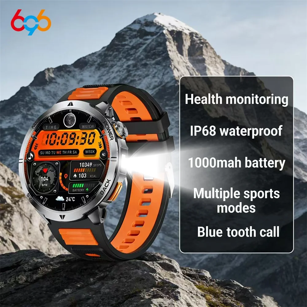 

696 LED Flashlight Outdoor Sports Men Smart Watch Waterproof Heart Rate Sleep Health Clock Blue Tooth Call Weather Smartwatch
