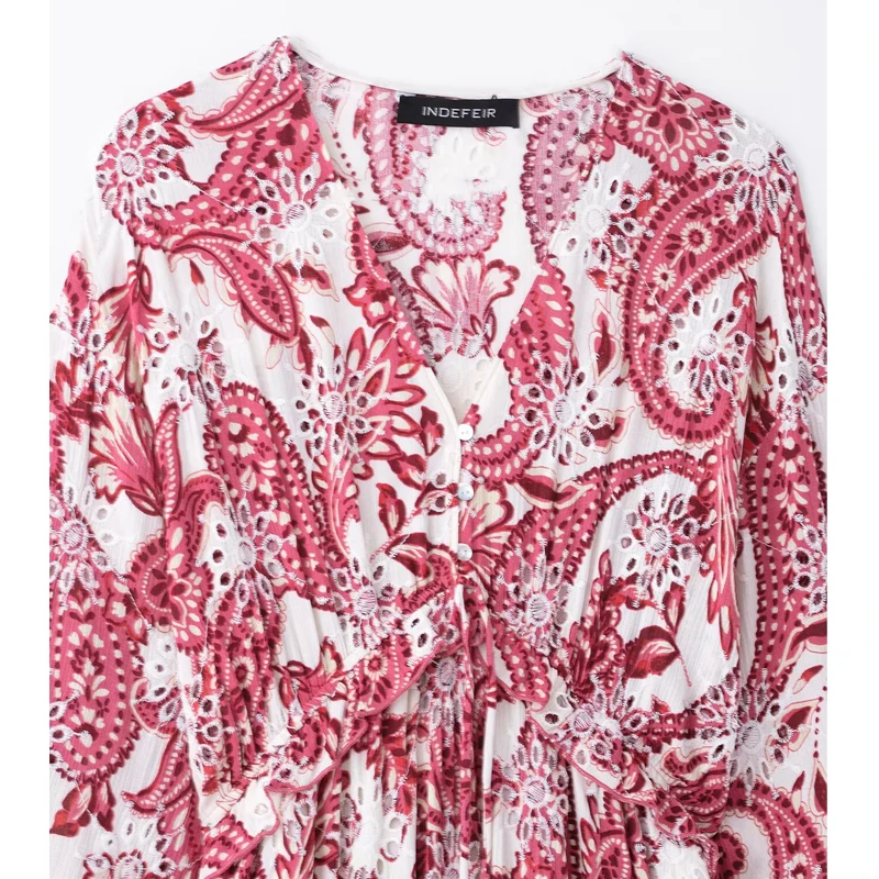 MUJER Abiti lunghi ricamati con stampa per donna Abito longuette Boho con cutwork Abito estivo da donna a maniche lunghe Abito da spiaggia casual